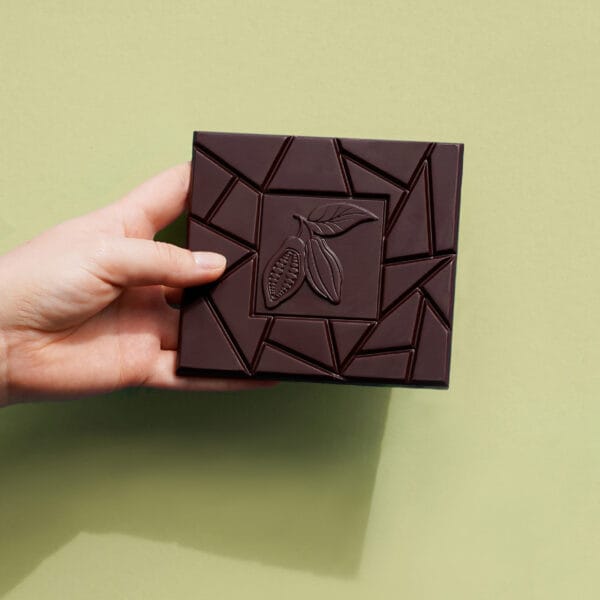 dunkle Tafelschokolade wird von einer Hand vor einen grünen Hintergrund gehalten