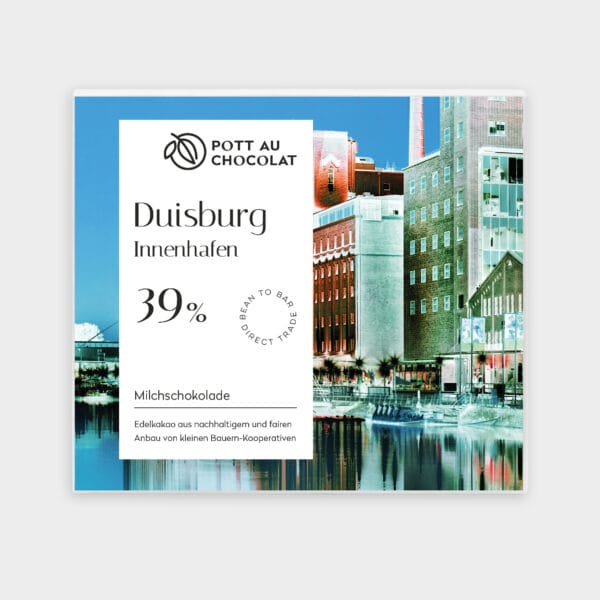Verpackung einer Tafel Milchschokolade mit dem Motiv Innenhafen in Duisburg