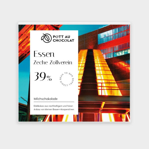 Verpackung einer Tafel Milchschokolade mit dem Motiv Essen-Zollverein