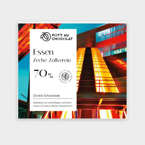 Verpackung einer Tafel dunkler Schokolade mit dem Motiv Essen-Zollverein
