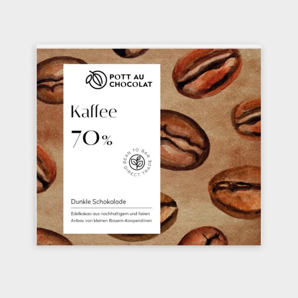 Verpackung unserer dunklen Schokolade gewürzt mit Kaffee. Eine Aquarellzeichnung von dunkel braunen Kaffeebohnen darauf ein weißes Rechteck mit der Bezeichnung und unserem Logo