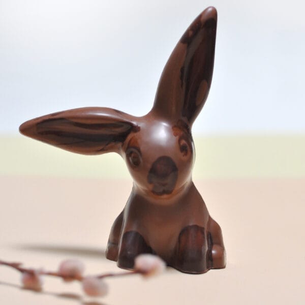 Schokoladen Osterhase mit abgeknicktem Ohr davor ein Zweig mit Weidenkätzchen