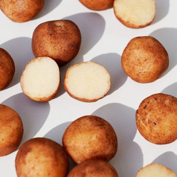 viele Marzipankartoffeln mit einer Kakaopulverbestäubung von oben einige angeschnitten