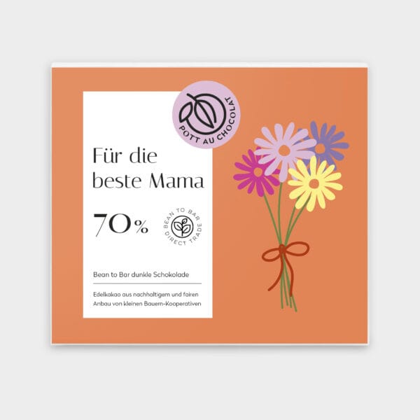 Verpackung unserer dunklen Schokolade zum Muttertag. oranger Hintergrund mit einer Grafik von einem Blumenstrauss darauf ein weißes Rechteck mit der Bezeichnung, unserem Logo und der Schrift "Für die beste Mama"