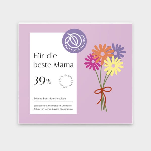 Verpackung unserer Milchchokolade zum Muttertag. lila Hintergrund mit einer Grafik von einem Blumenstrauß darauf ein weißes Rechteck mit der Bezeichnung, unserem Logo und der Schrift "Für die beste Mama"