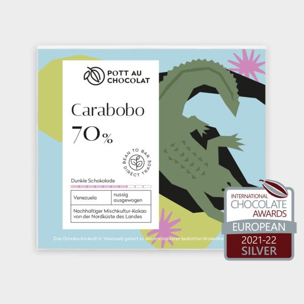 Verpackung einer Schokoladentafel von Pott au Chocolat mit einer Illustration eines Krokodils von oben, umgeben von abstrakten Seerosen. Farben des Designs: Hellblau, Hellgrün, Grün, Dunkelgrün, Fliederrosa