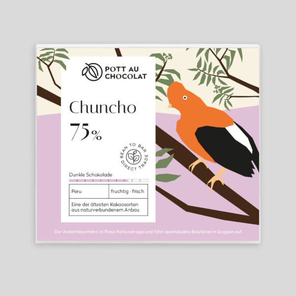 Verpackung einer Schokoladentafel von Pott au Chocolat mit einer Illustration eines Vogels (Andenfelsenhahn), der auf einem Ast sitzt. Farben des Designs: Beige, Rosa, Braun, Grün, Orange, Schwarz, Weiß