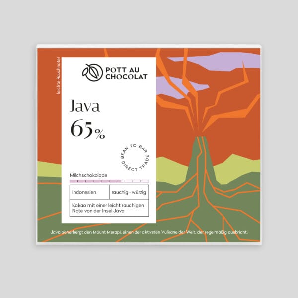 Verpackung einer Schokoladentafel von Pott au Chocolat mit einer Illustration eines ausbrechenden Vulkans in bergiger Landschaft. Farben des Designs: Rostrot, Orange, Hellgrün, Dunkelgrün, Helllila