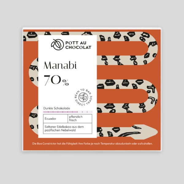 Verpackung einer Schokoladentafel von Pott au Chocolat mit einer Illustration einer Schlange (Boa Constrictor) auf rostrotem Hintergrund. Farben des Designs: Rostrot, Beige, Schwarz