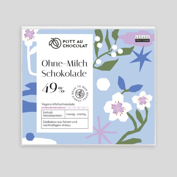 Verpackung einer Schokoladentafel von Pott au Chocolat mit einer Illustration aus abstrakten Blumen, Pflanzen, Sternen und Formen. Farben des Designs: Hellblau, Dunkelblau, Helllila, Dunkelgrün, Weiß