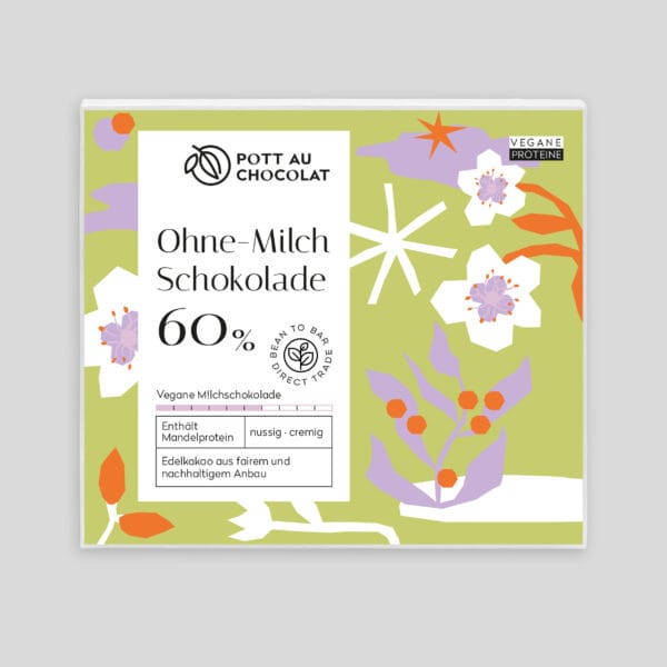 Verpackung einer Schokoladentafel von Pott au Chocolat mit einer Illustration aus abstrakten Blumen, Pflanzen, Sternen und Formen. Farben des Designs: Hellgrün, Helllila, Orange, Weiß