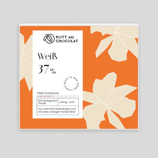 Verpackung einer Schokoladentafel von Pott au Chocolat mit einer Illustration von abstrakten Hellbeigen Blüten auf orangenem Hintergrund