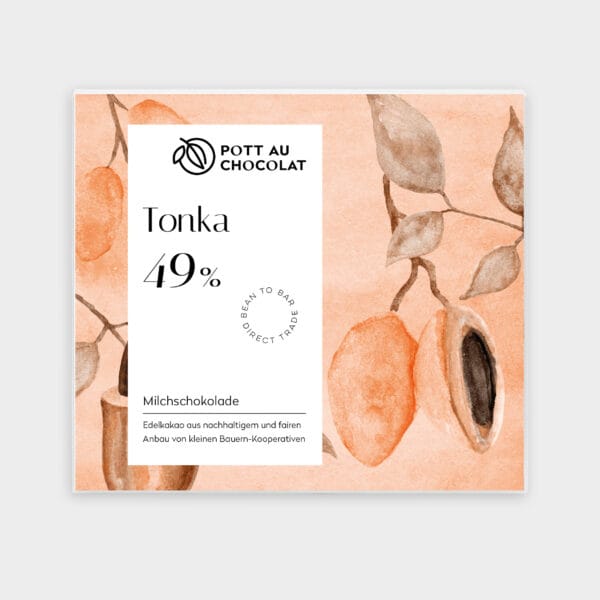Schokoladentafel Tonka 49% mit einer Aquarell Malerei von Tonkafrüchten auf orangenem Hintergrund