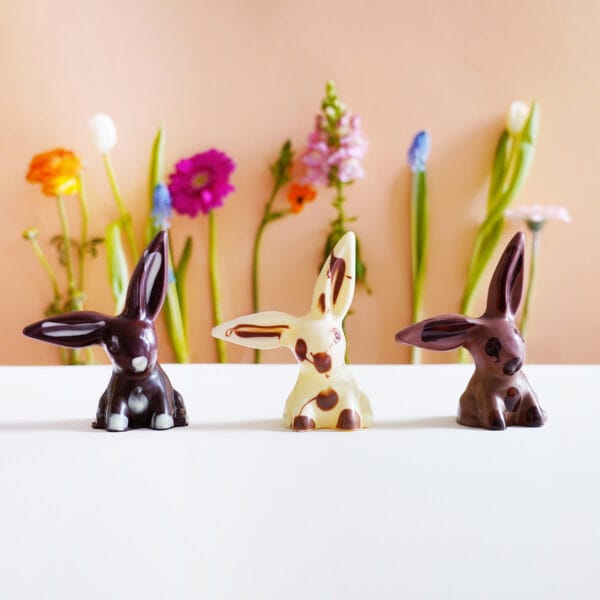 Unsere Knickohrhasen in dreifacher Ausführung aus dunkler, Milch- oder weisser Schokolade vor einer bunten Blumenreihe vor einem beige-braunen Hintergrund