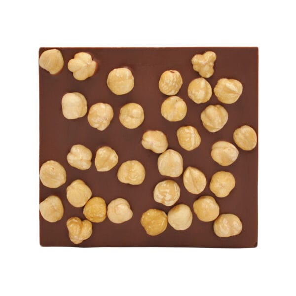 Milch Tafelschokolade belegt mit leckeren Haselnüsssen aus dem Piemont, die auf der Rückseite der Tafel zu sehen sind