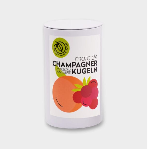 Champagner-Trüffel in einer weißen runden Dose mit weißem Etikett, darauf eine Pfirsich und eine Himbeere abgebildet sowie unser grünes Pott au Chocolat Logo.
