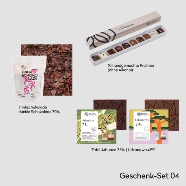 Übersicht der Produkte, die in der Geschenkbox sind: Beutel mit dunkler Trinkschokolade, 10er Stange Pralinen ohne Alkohol, zwei pure Tafeln Schokolade