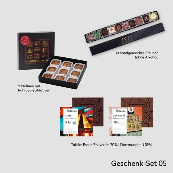 Übersicht der Produkte, die in der Geschenkbox sind: Ruhrbebiets-Edition mit 9 Schokomouse Pralinen, Stange mit 10 unterschiedlichen Pralinen ohne Alkohol, zwei pure Tafeln Schokolade (Zeche Zollverein Essen und Dortmunder U)