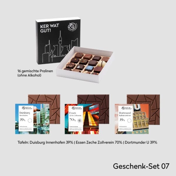 Übersicht der Produkte im Geschenkset 07: 16erBox mit 16 verschieden Pralinen (ohne Alkohol) und drei Tafelschokoladen mit Ruhrgebiet-Motiven (Duisburger Innenhafen, Zeche Zollverein und Dortmunder U)