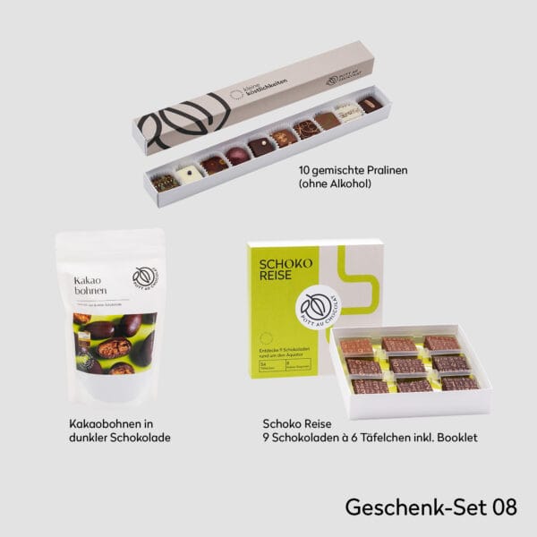 Übersicht der Produkte, die in der Geschenkbox sind: unsere Schoko-Reise mit 9 unterschiedlichen Probiertäfelchen, dragierte Kakaobohnen in dunkler Schokolade, 10er Stange Pralinen ohne Alkohol