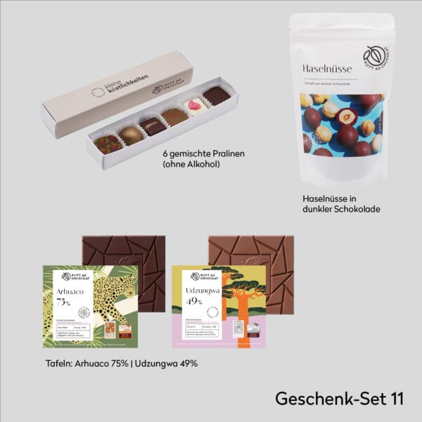 Übersicht der Produkte, die in der Geschenkbox sind: 6er Stange Pralinen, dragierte Haselnüsse, zwei pure Tafeln Schokolade