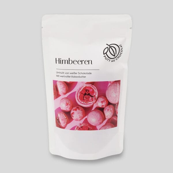 Feinkost-Tüte: Himbeeren umhüllt von weißer Schokolade von Pott au Chocolat mit Foto von den Himbeeren auf der Vorderseite der Tüte