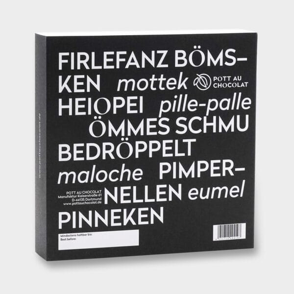 Rückseite der schwarzen Pralinenbox mit verschiedenen Ruhrpott-Begriffen in Weiß
