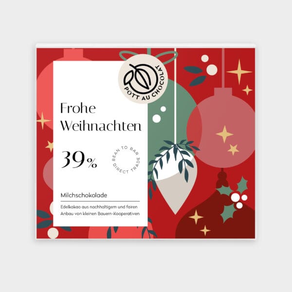 Verpackung unserer Milchschokolade zu Weihnachten. Roter Hintergrund mit einer Grafik von Weihnachtskugeln und goldenen Sternen darauf ein weißes Rechteck mit der Bezeichnung und unserem Logo