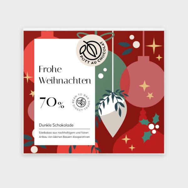 Verpackung unserer dunklen Schokolade zu Weihnachten. Roter Hintergrund mit einer Grafik von Weihnachtskugeln und goldenen Sternen darauf ein weißes Rechteck mit der Bezeichnung, unserem Logo und der Aufschrift "Frohe Weihnachten"